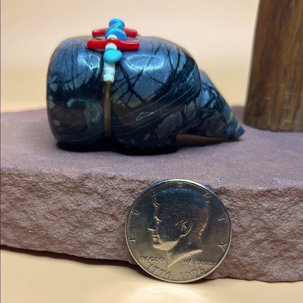 Black and Gray Picasso Stone Bear Sculpture with Red and Blue Accents